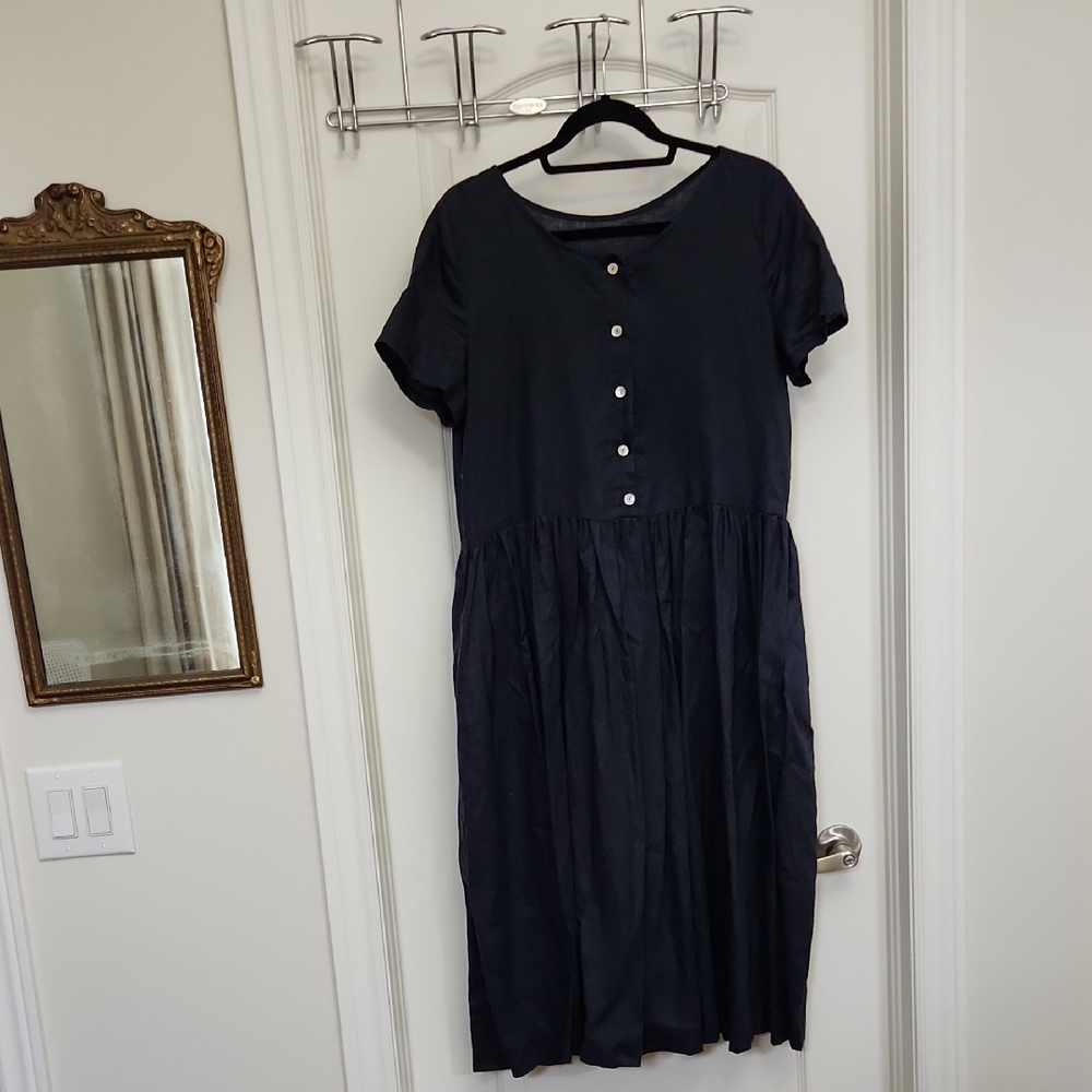 L Women’s Navy Blue Short-Sleeve Button-Front Midi Dress 100% Linen